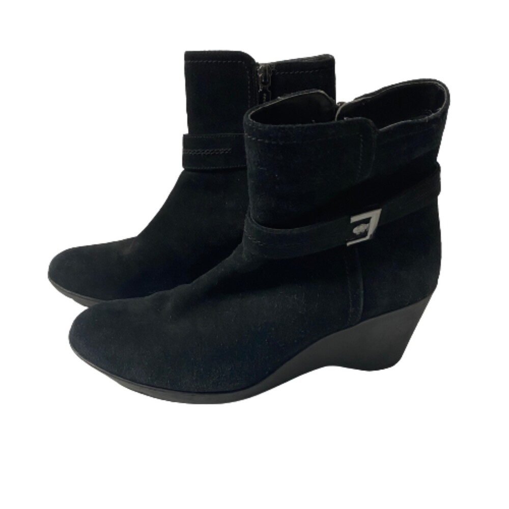 Blondo Black Suede Leather Waterproof Ankle Boots Buckle Wedge Heel 8M (flaw)